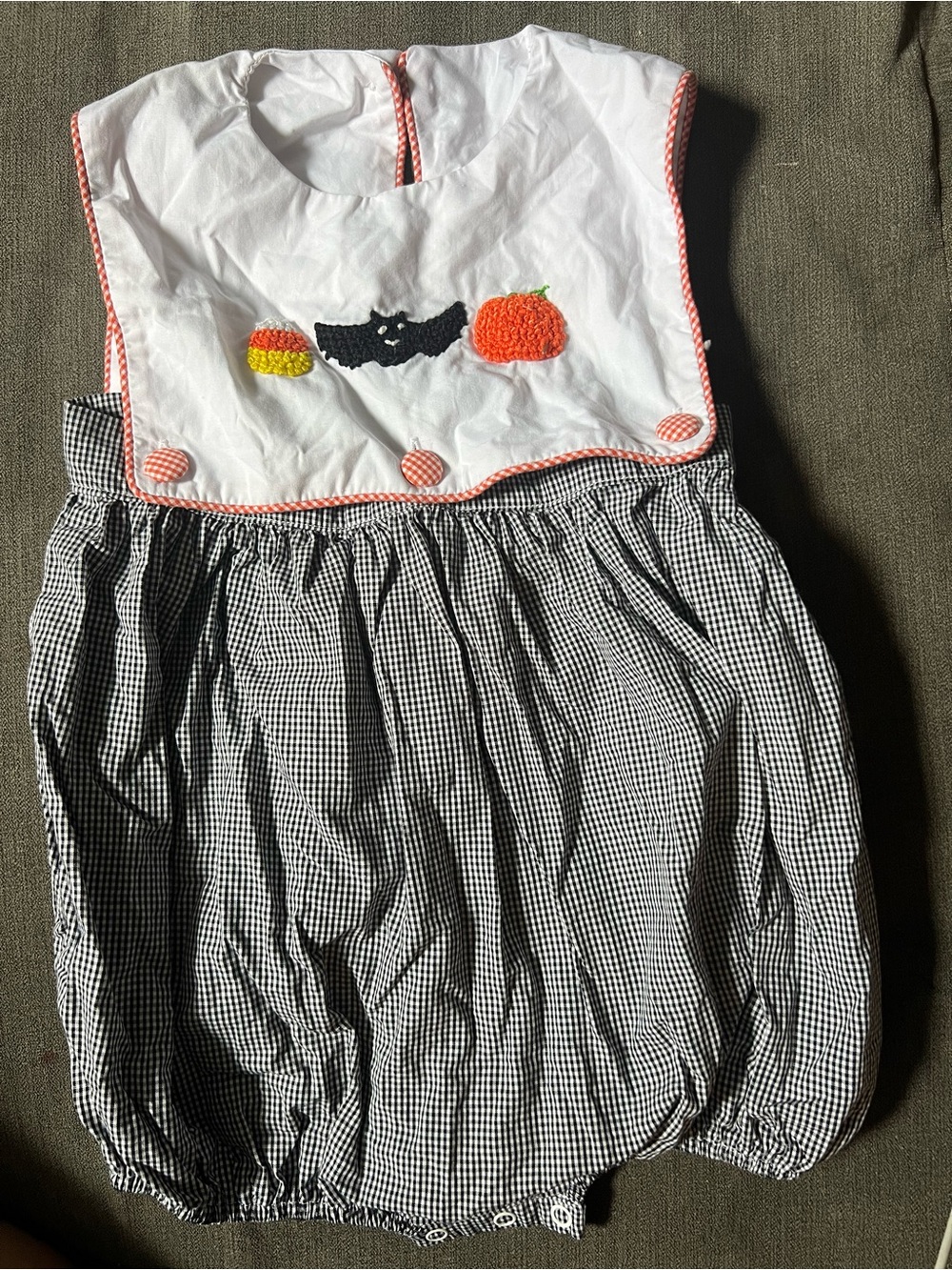 Halloween Smocked Baby Bib One-Piece in White & Black Gingham